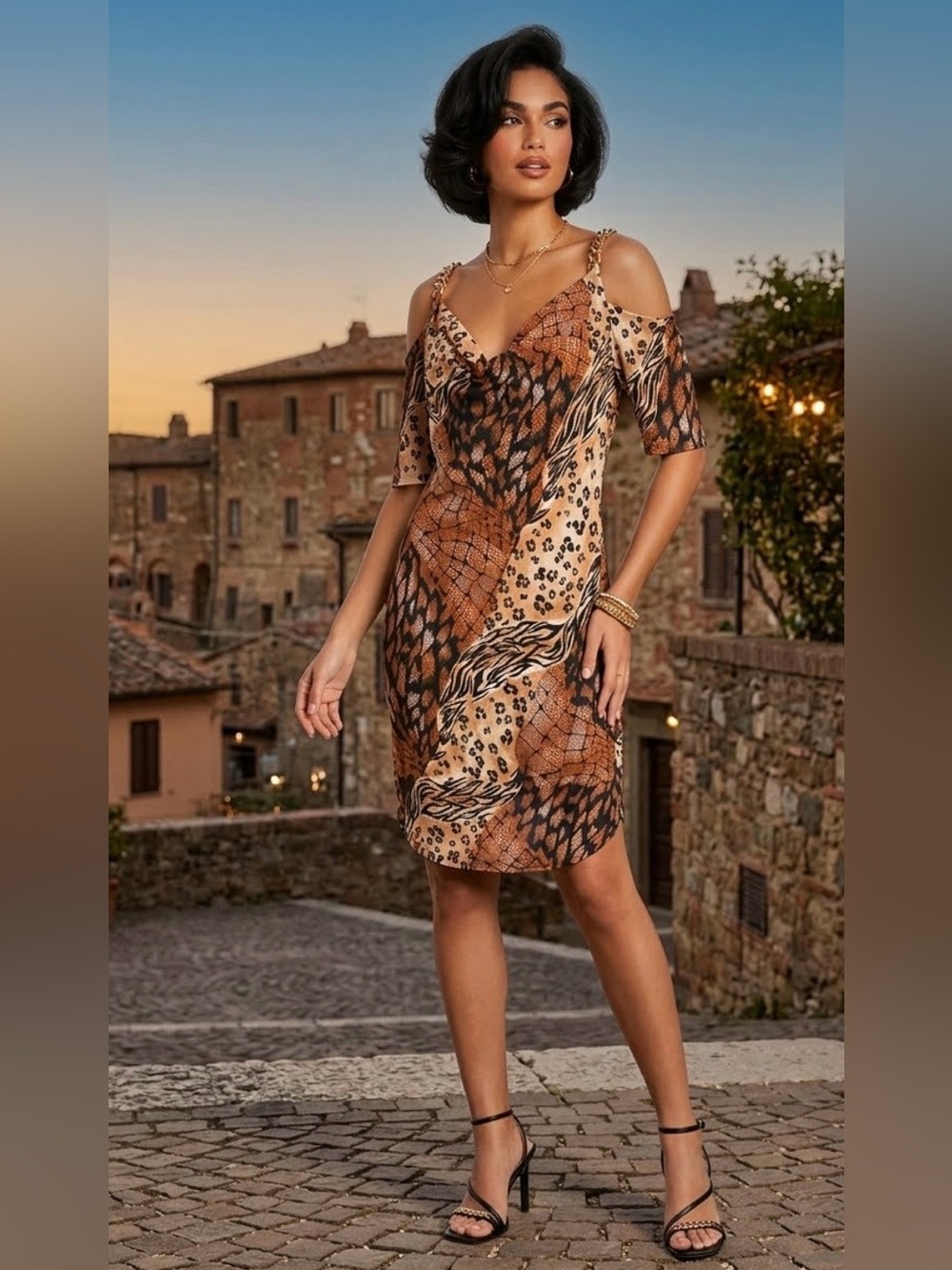 Mixed Animal Print Cowl Neck Chain Dress Y2K XL